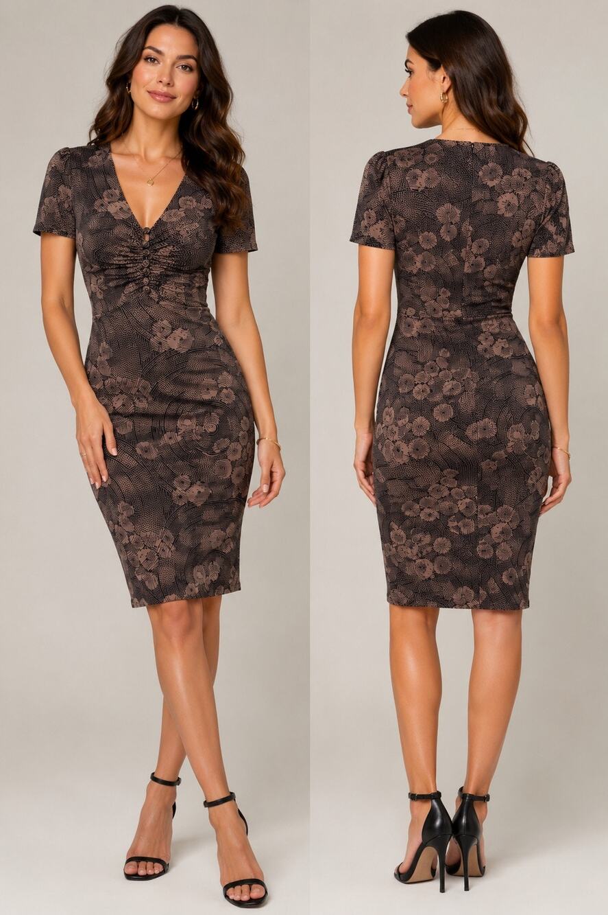 Maria Bianca Nero Tan blk Geometric Floral Print Ruched V-Neck Sheath Dress Sz S